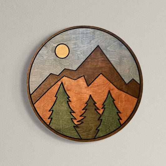 Mountain Landscape - 18" Round Wooden Art